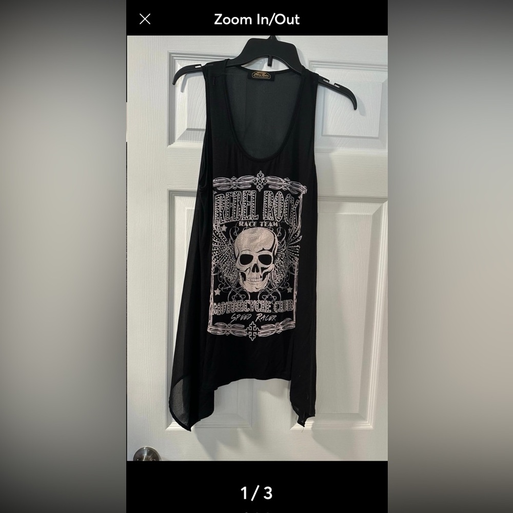 Bling Rider Black Tank Top Motorcycle Rock n Roll with Skull Design, sheer back